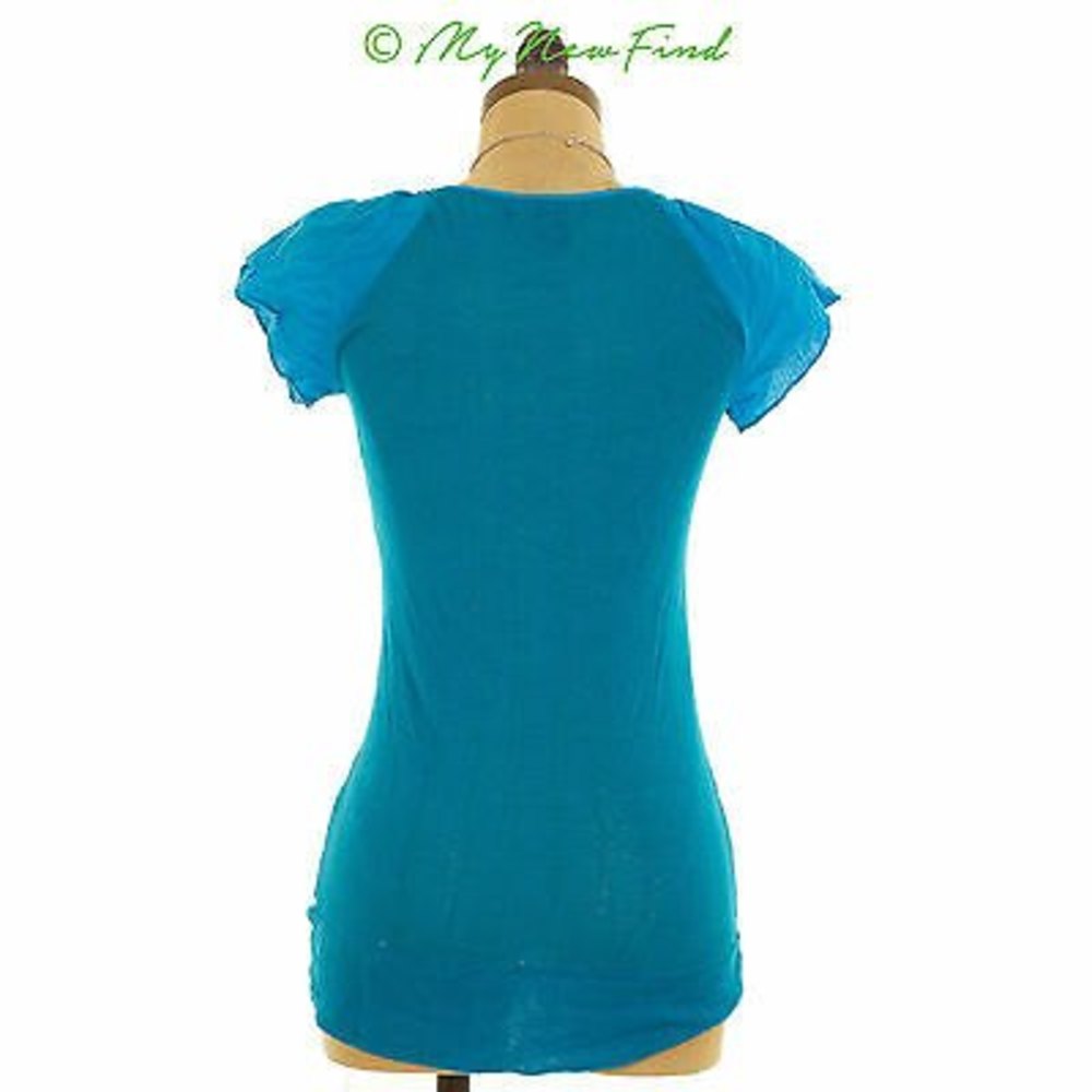 Arden B Henley Top Size XS Ruffle Flutter Sleeve Stretch Turquoise Blue EUC B67 - Picture 3 of 3